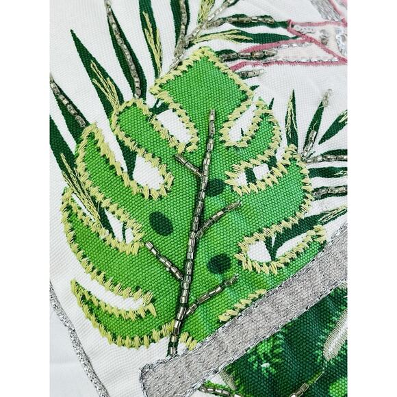 Accent Throw Pillow Beaded Flamingo Tropical Home Decor 19" Pink Monstera Leaf - Picture 13 of 15